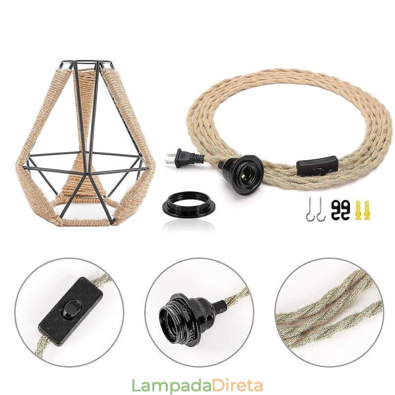 Luminária pendente retrô de corda de cânhamo, luz de teto, fio de suspensão de 5 m
