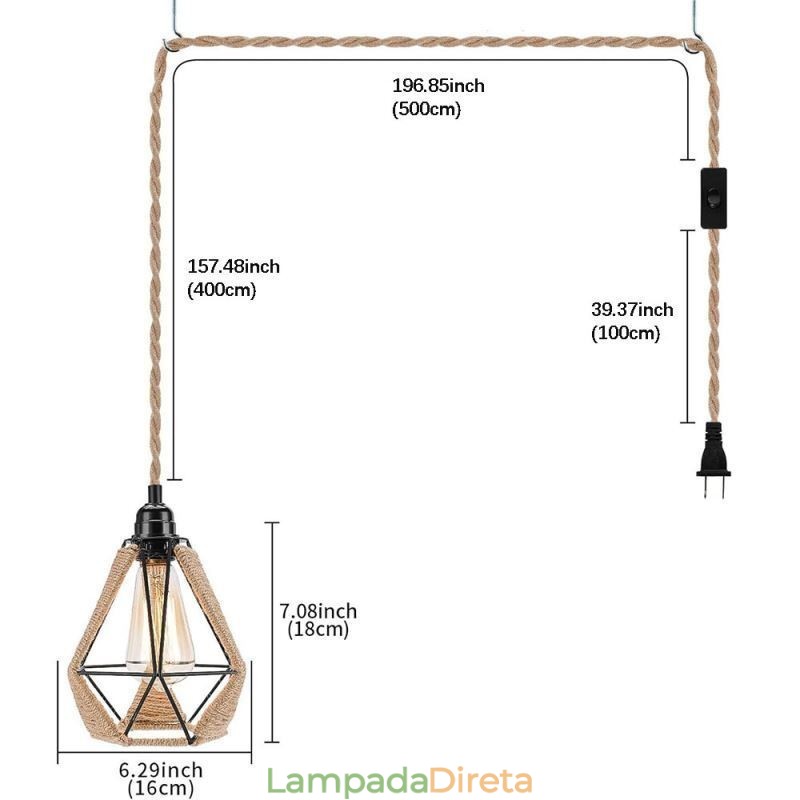 Luminária pendente retrô de corda de cânhamo, luz de teto, fio de suspensão de 5 m