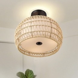 Abajur redondo de 32 cm com corda de papel e tecido embutido 3 luzes
