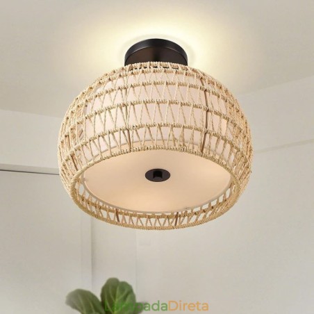 Abajur redondo de 32 cm com corda de papel e tecido embutido 3 luzes Abajur redondo de 32 cm com corda de papel e tecido embutido 3 luzes