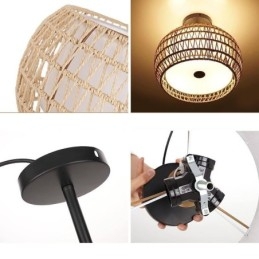 Abajur redondo de 32 cm com corda de papel e tecido embutido 3 luzes