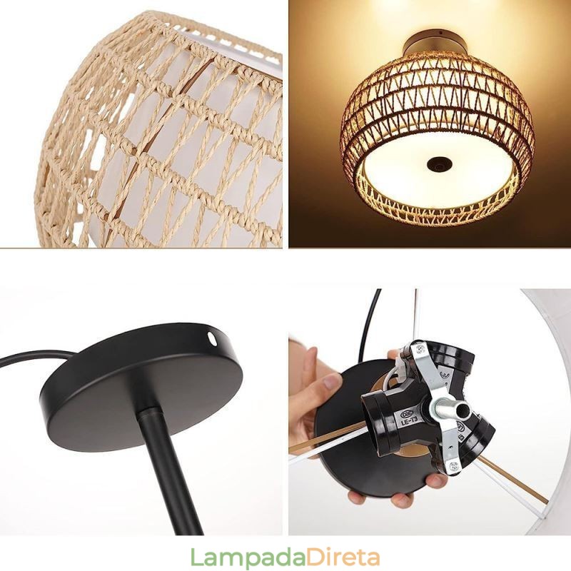 Abajur redondo de 32 cm com corda de papel e tecido embutido 3 luzes