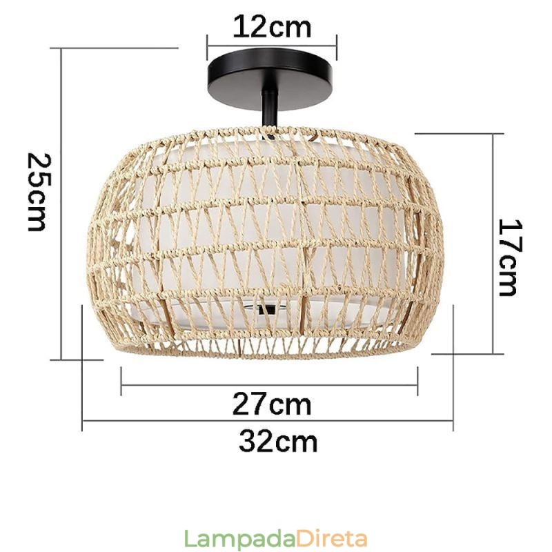 Abajur redondo de 32 cm com corda de papel e tecido embutido 3 luzes