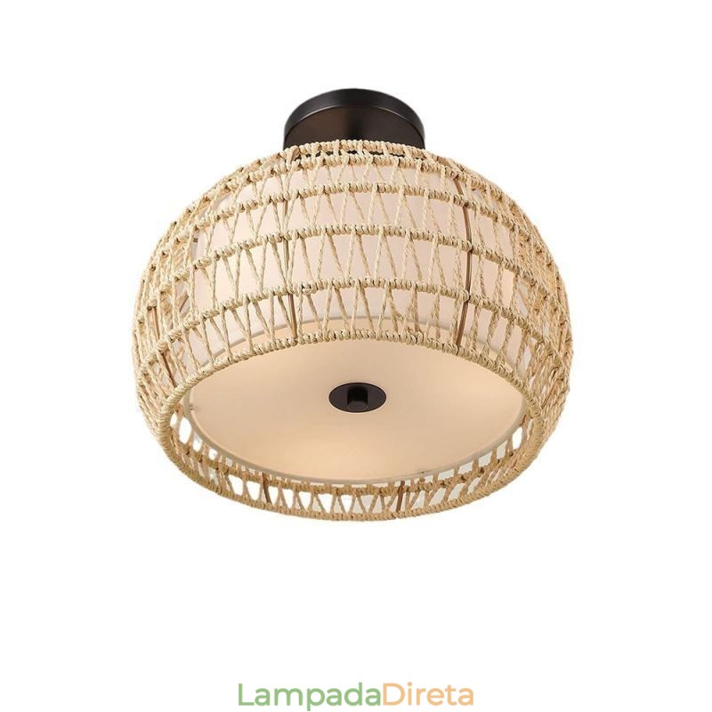 Abajur redondo de 32 cm com corda de papel e tecido embutido 3 luzes