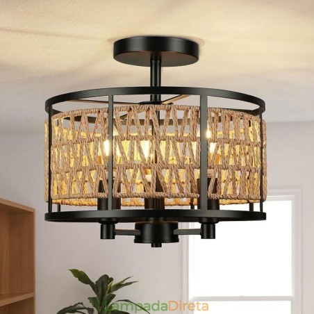 Luminária de teto retrô, luminária de teto de corda de papel de ferro preto, 3 luzes Luminária de teto retrô, luminária de teto de corda de papel de ferro preto, 3 luzes