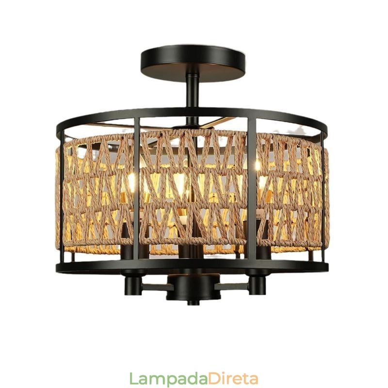 Luminária de teto retrô, luminária de teto de corda de papel de ferro preto, 3 luzes