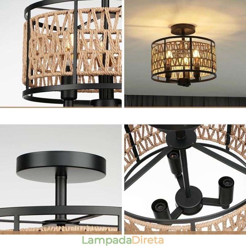 Luminária de teto retrô, luminária de teto de corda de papel de ferro preto, 3 luzes