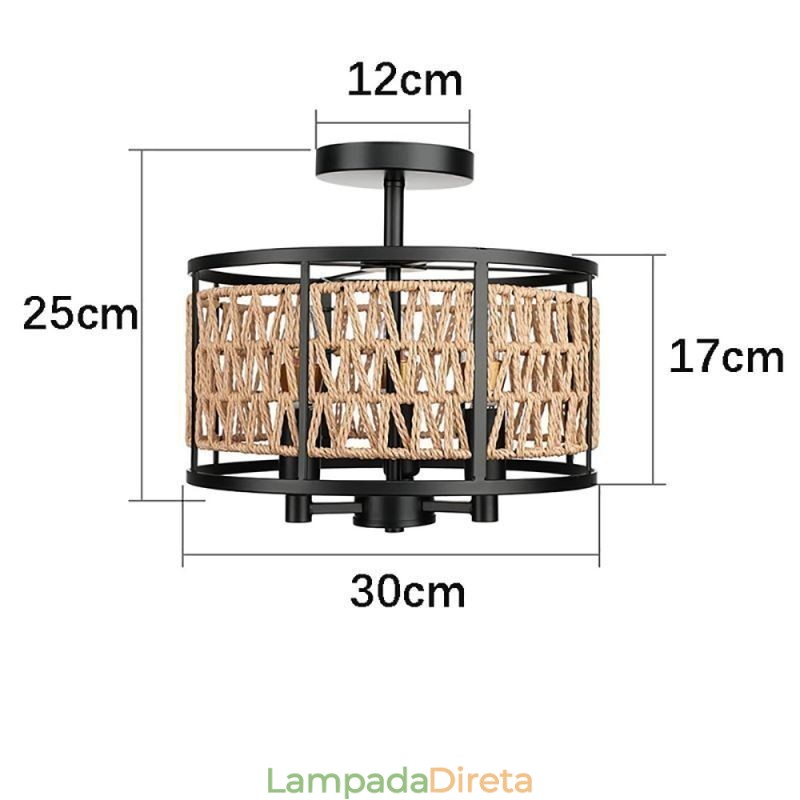 Luminária de teto retrô, luminária de teto de corda de papel de ferro preto, 3 luzes