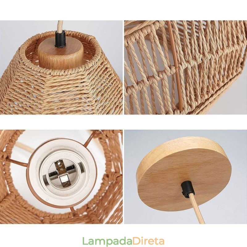 Luminária de teto nórdica retrô, abajur de corda de papel natural, tecido à mão
