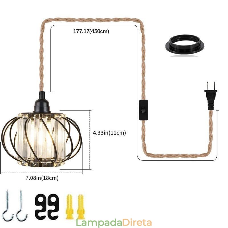 Retro Country Ceiling Light Corda de cânhamo Ferro Luz de cabeceira pendente com plugue