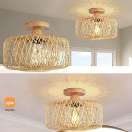 Luminária de teto retrô de camada dupla, abajur de bambu feito à mão, luz de teto