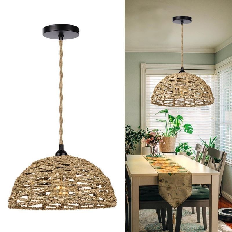 Luz pendente retrô country, abajur de corda de papel trançado à mão, 30 cm