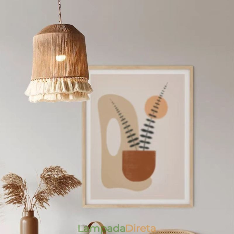 Luminária pendente rústica estilo boêmio com borla de corda de cânhamo