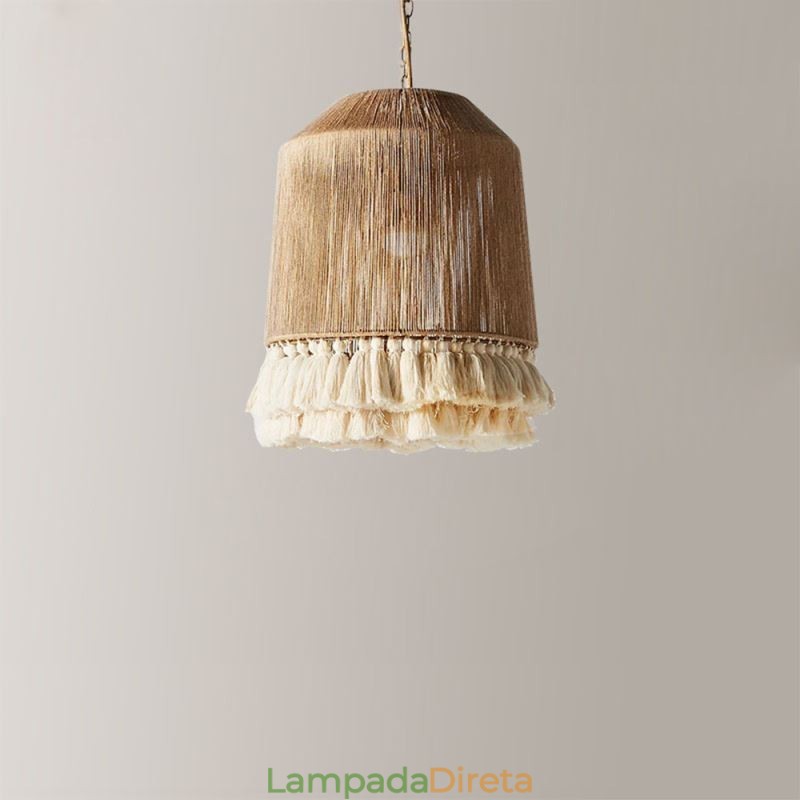 Luminária pendente rústica estilo boêmio com borla de corda de cânhamo