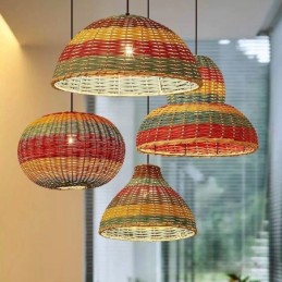 Luminária pendente de bambu e rattan, colorida, listrada, com intervalo, feita à mão, abajur de teto