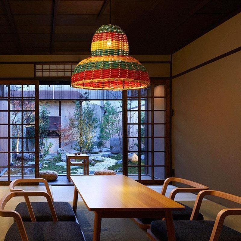 Luminária pendente de bambu e rattan, colorida, listrada, com intervalo, feita à mão, abajur de teto