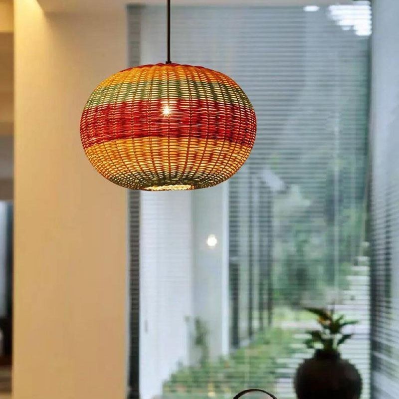 Luminária pendente de bambu e rattan, colorida, listrada, com intervalo, feita à mão, abajur de teto