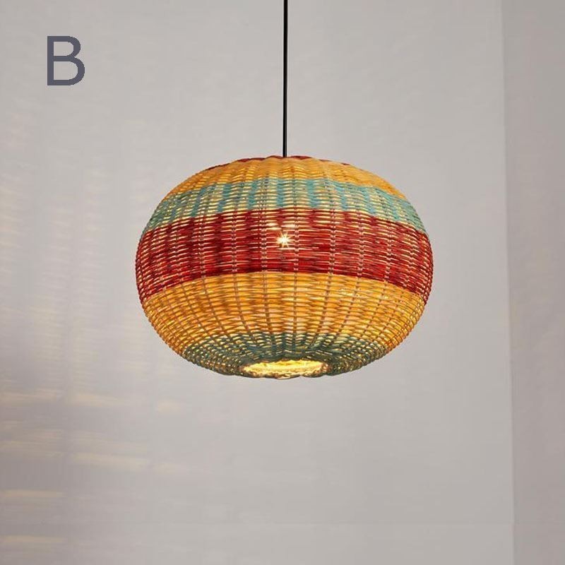 Luminária pendente de bambu e rattan, colorida, listrada, com intervalo, feita à mão, abajur de teto