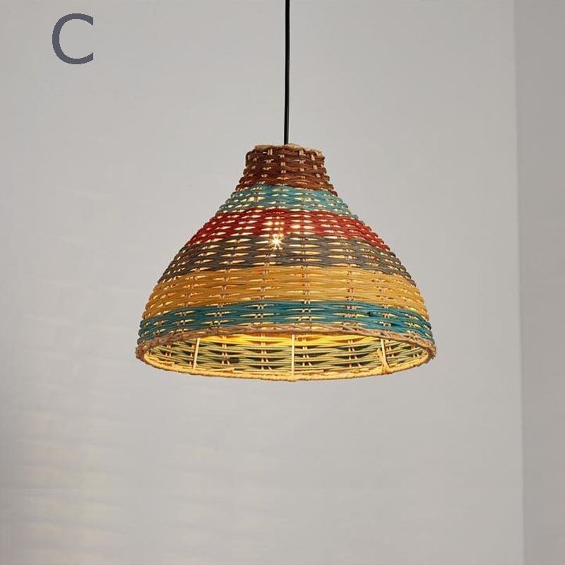 Luminária pendente de bambu e rattan, colorida, listrada, com intervalo, feita à mão, abajur de teto