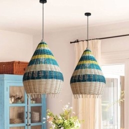 Luminária pendente de bambu e rattan com listras, abajur de teto feito à mão