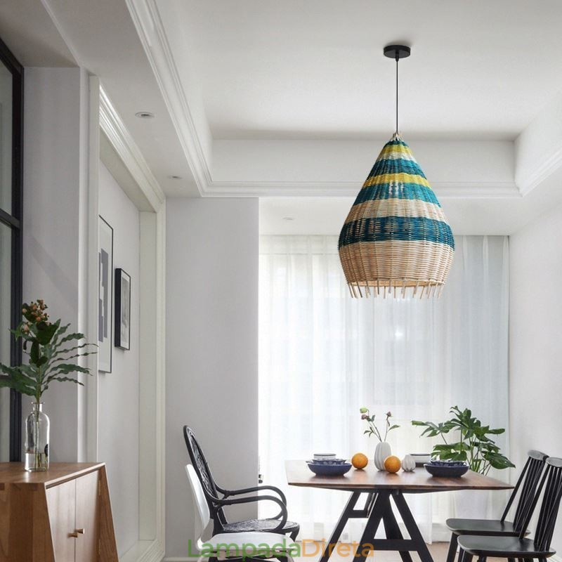 Luminária pendente de bambu e rattan com listras, abajur de teto feito à mão