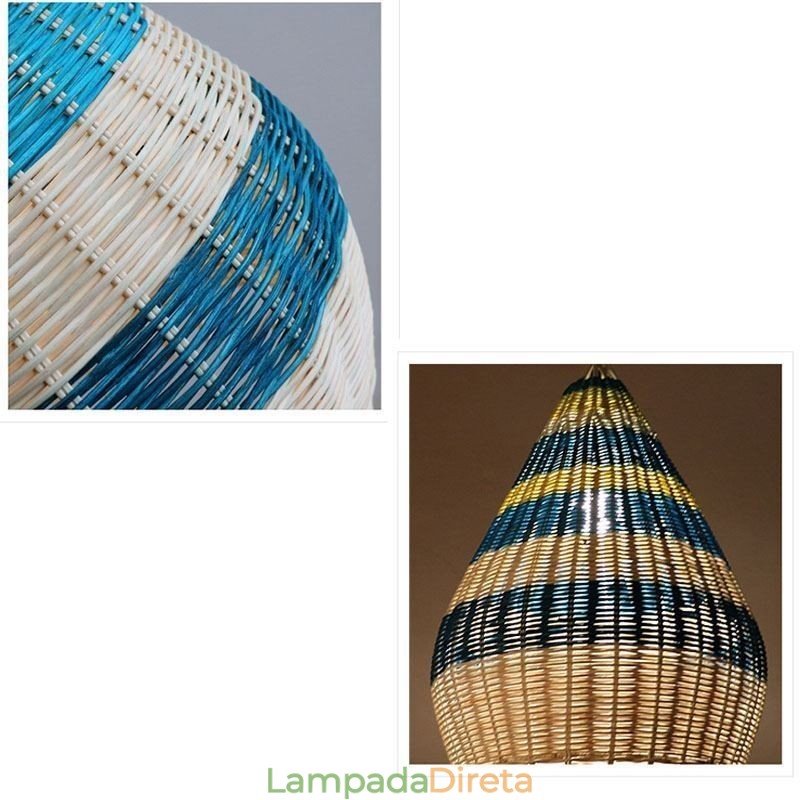 Luminária pendente de bambu e rattan com listras, abajur de teto feito à mão