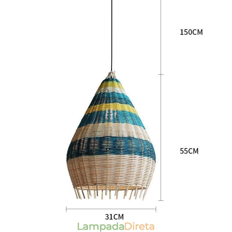 Luminária pendente de bambu e rattan com listras, abajur de teto feito à mão