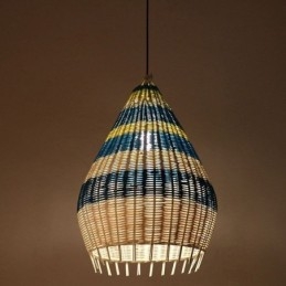 Luminária pendente de bambu e rattan com listras, abajur de teto feito à mão