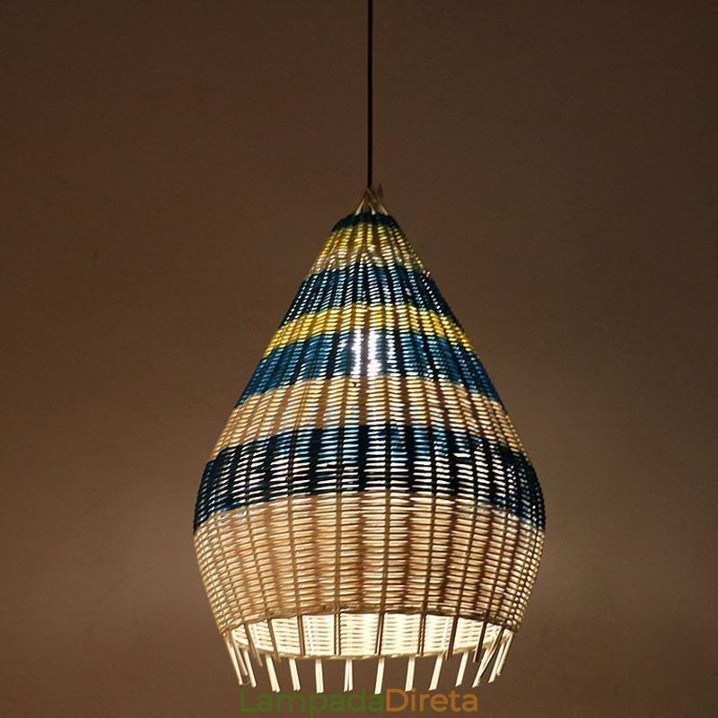 Luminária pendente de bambu e rattan com listras, abajur de teto feito à mão