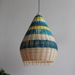 Luminária pendente de bambu e rattan com listras, abajur de teto feito à mão
