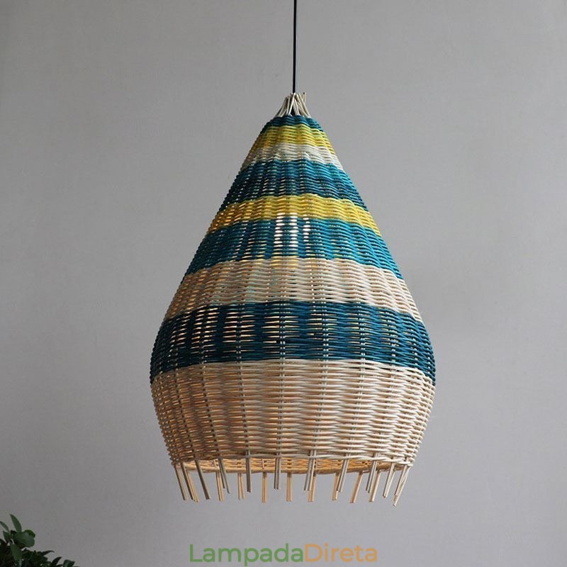Luminária pendente de bambu e rattan com listras, abajur de teto feito à mão