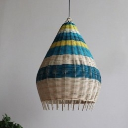 Luminária pendente de bambu e rattan com listras, abajur de teto feito à mão