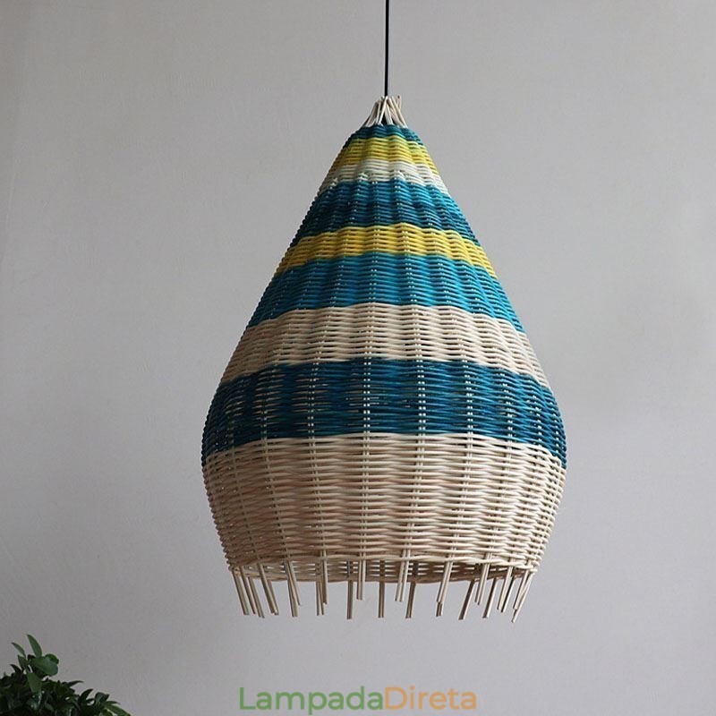 Luminária pendente de bambu e rattan com listras, abajur de teto feito à mão