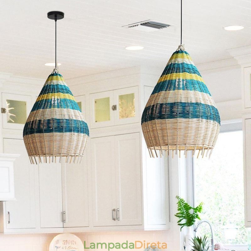 Luminária pendente de bambu e rattan com listras, abajur de teto feito à mão