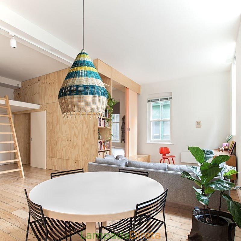 Luminária pendente de bambu e rattan com listras, abajur de teto feito à mão