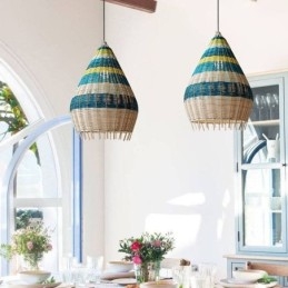 Luminária pendente de bambu e rattan com listras, abajur de teto feito à mão