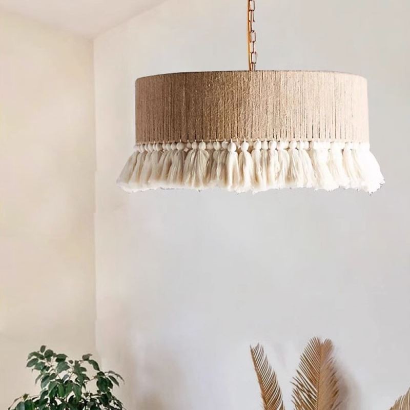 Luminária pendente retrô estilo boêmio com borla de corda de cânhamo