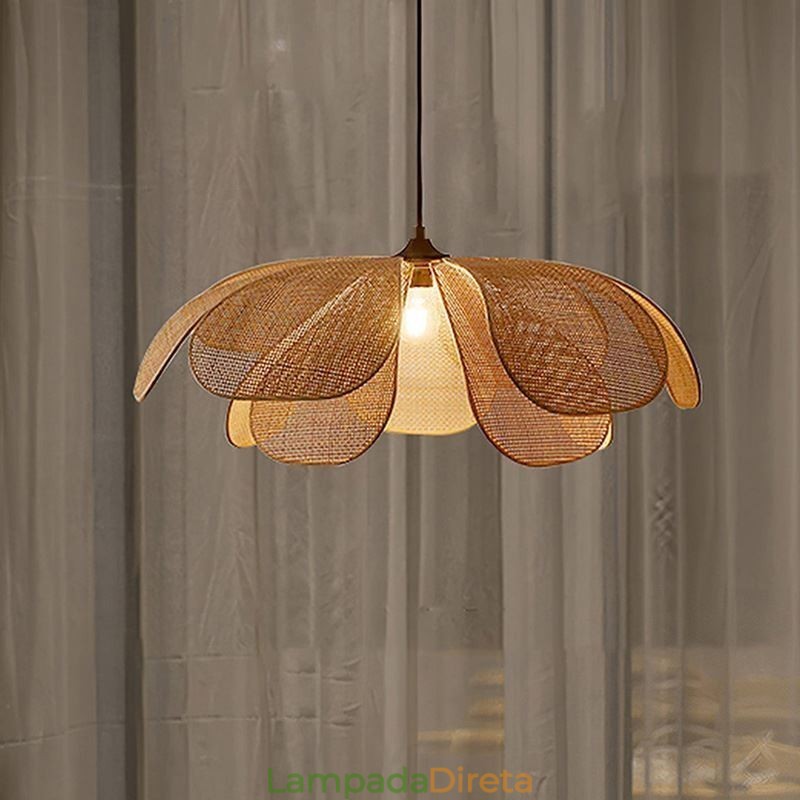 Luminária pendente de pétala de vime estilo wabi sabi, luminária de teto de vime trançada à mão