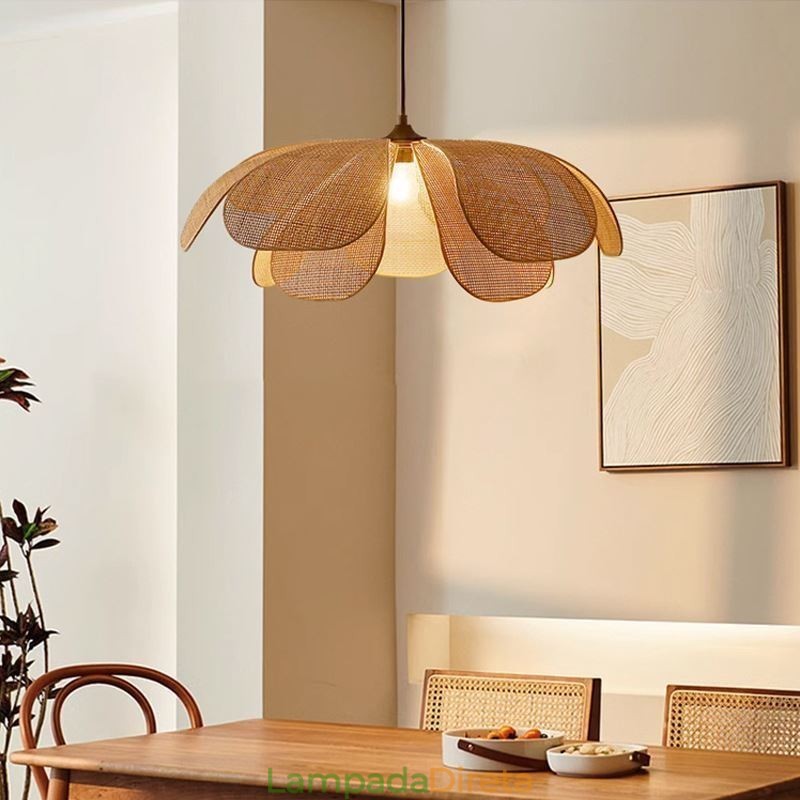 Luminária pendente de pétala de vime estilo wabi sabi, luminária de teto de vime trançada à mão