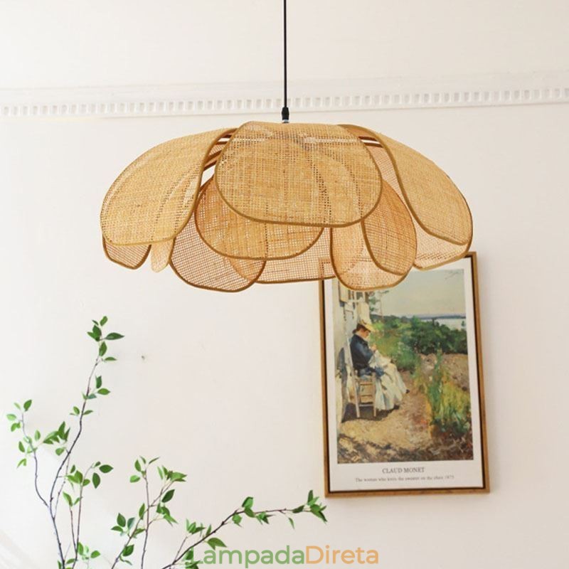 Luminária pendente de pétala de vime estilo wabi sabi, luminária de teto de vime trançada à mão