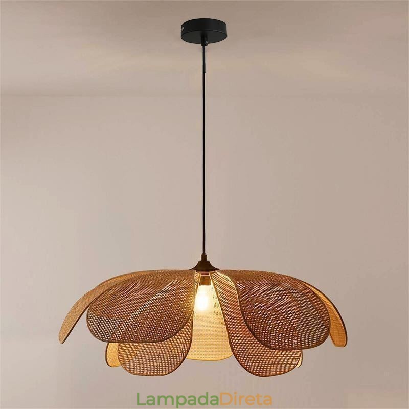Luminária pendente de pétala de vime estilo wabi sabi, luminária de teto de vime trançada à mão