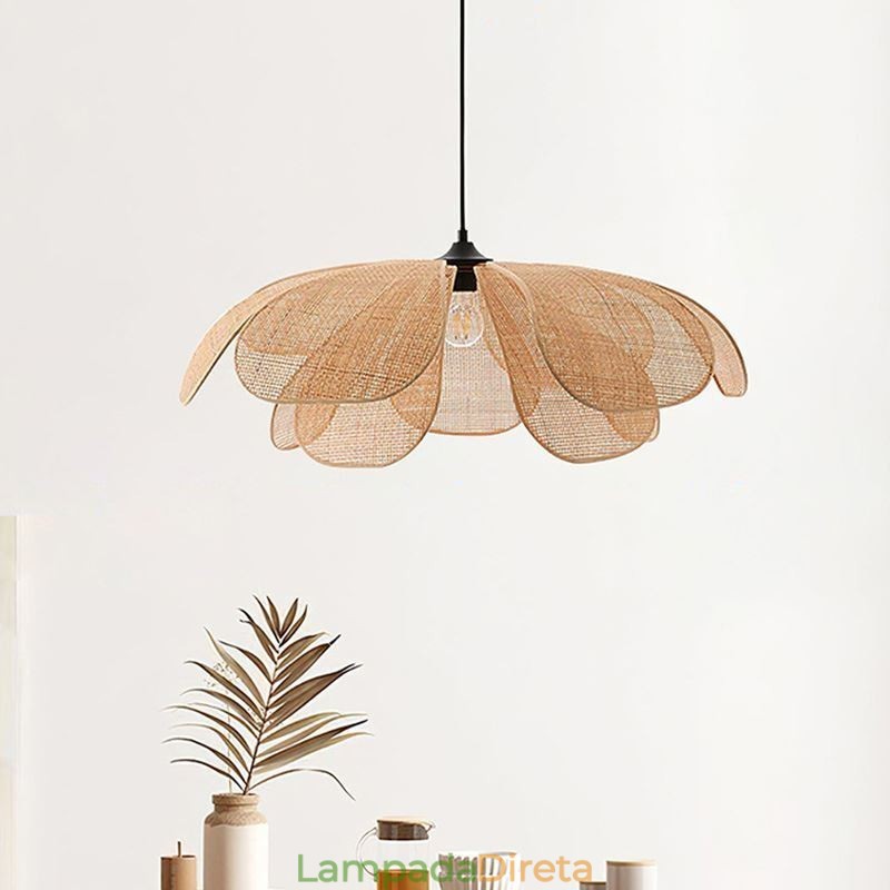 Luminária pendente de pétala de vime estilo wabi sabi, luminária de teto de vime trançada à mão