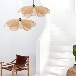 Luminária pendente de pétala de vime estilo wabi sabi, luminária de teto de vime trançada à mão