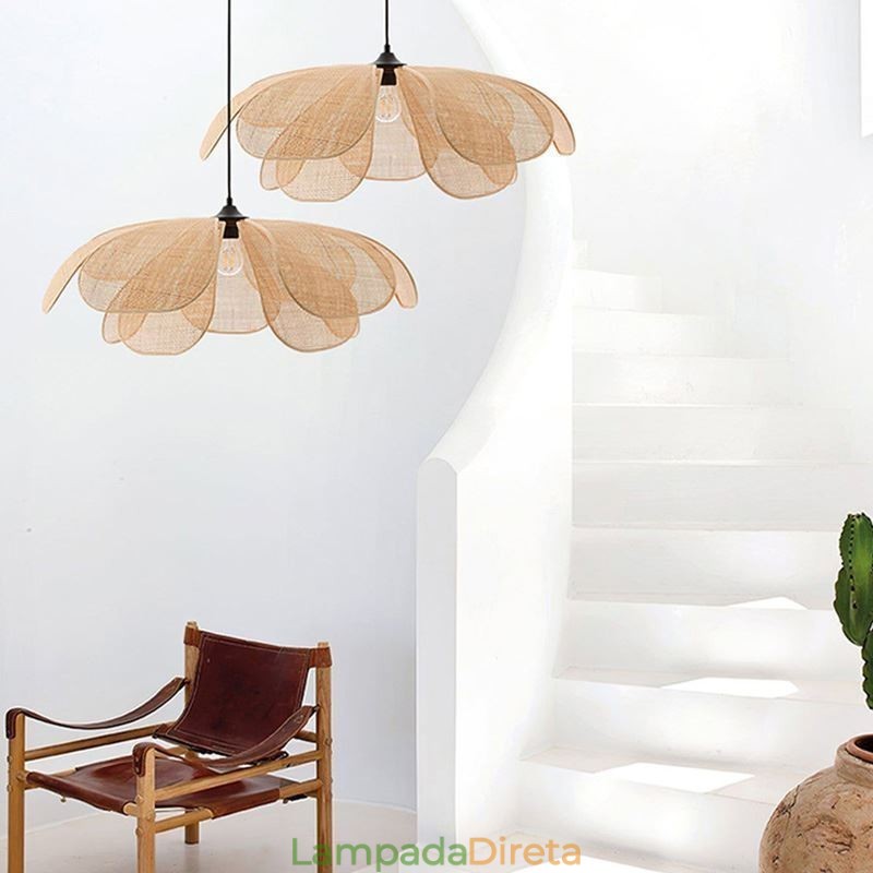 Luminária pendente de pétala de vime estilo wabi sabi, luminária de teto de vime trançada à mão