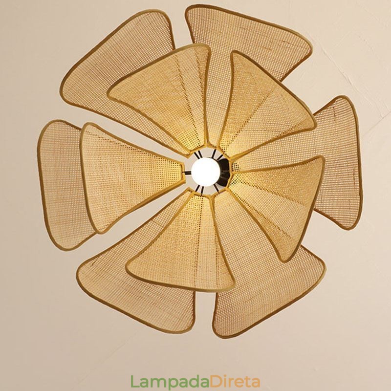 Luminária pendente de pétala de vime estilo wabi sabi, luminária de teto de vime trançada à mão