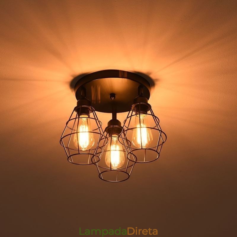 Luminária de teto industrial embutida 3 lâmpadas de teto de gaiola de metal