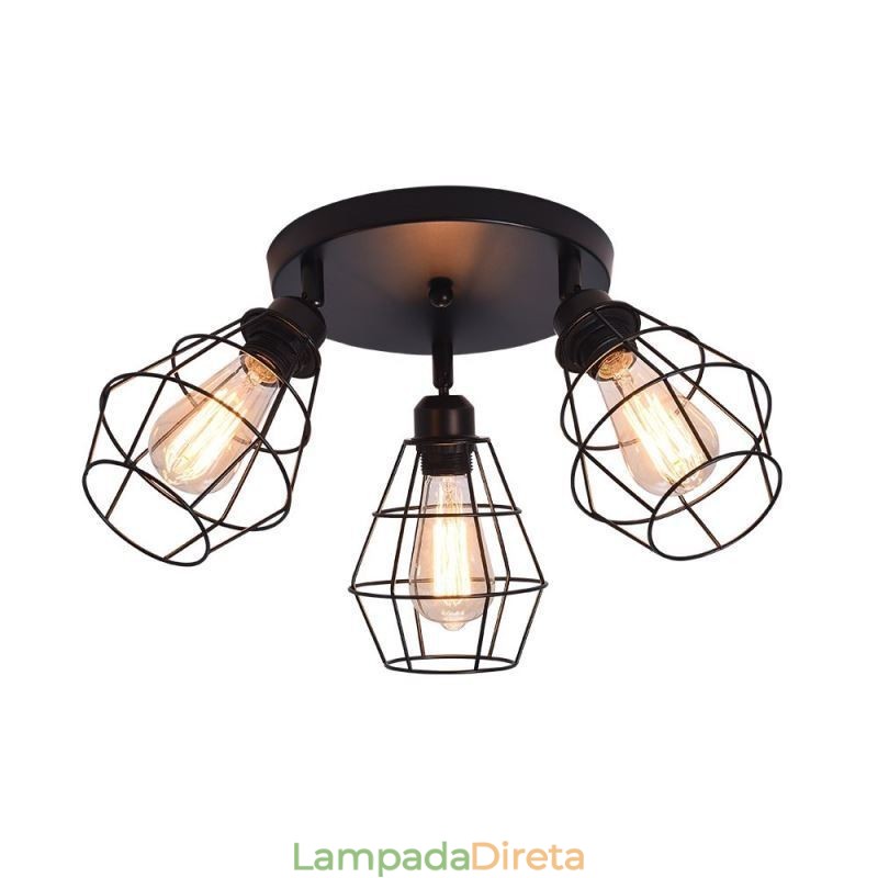 Luminária de teto industrial embutida 3 lâmpadas de teto de gaiola de metal