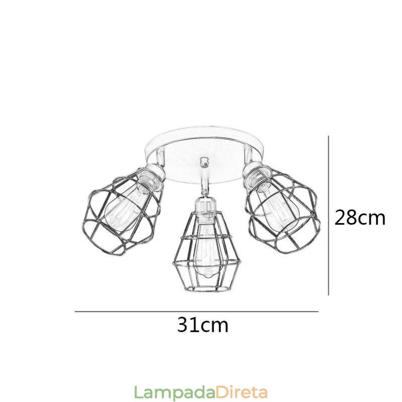 Luminária de teto industrial embutida 3 lâmpadas de teto de gaiola de metal