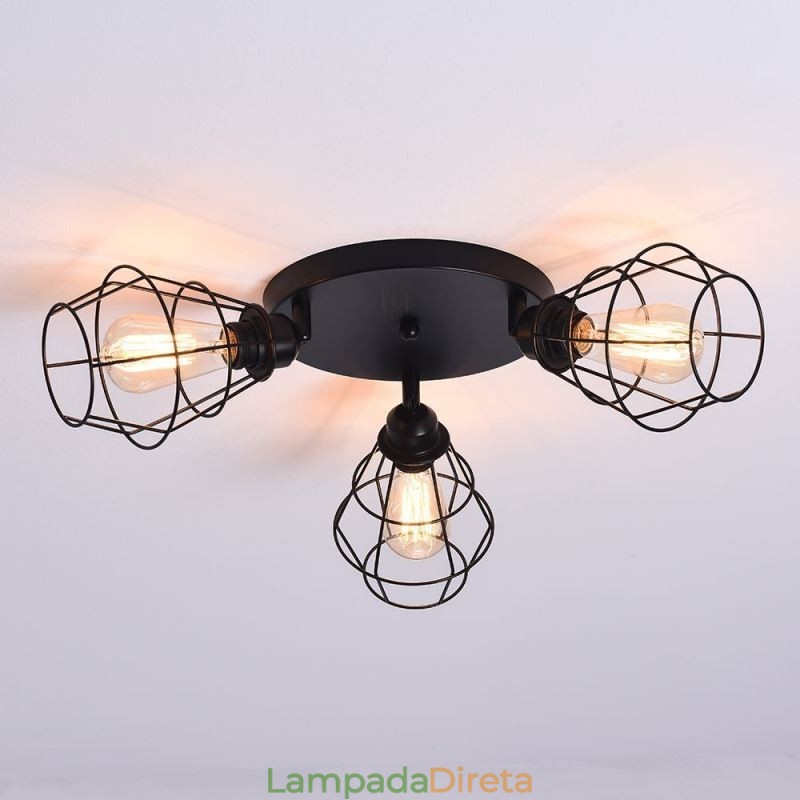 Luminária de teto industrial embutida 3 lâmpadas de teto de gaiola de metal