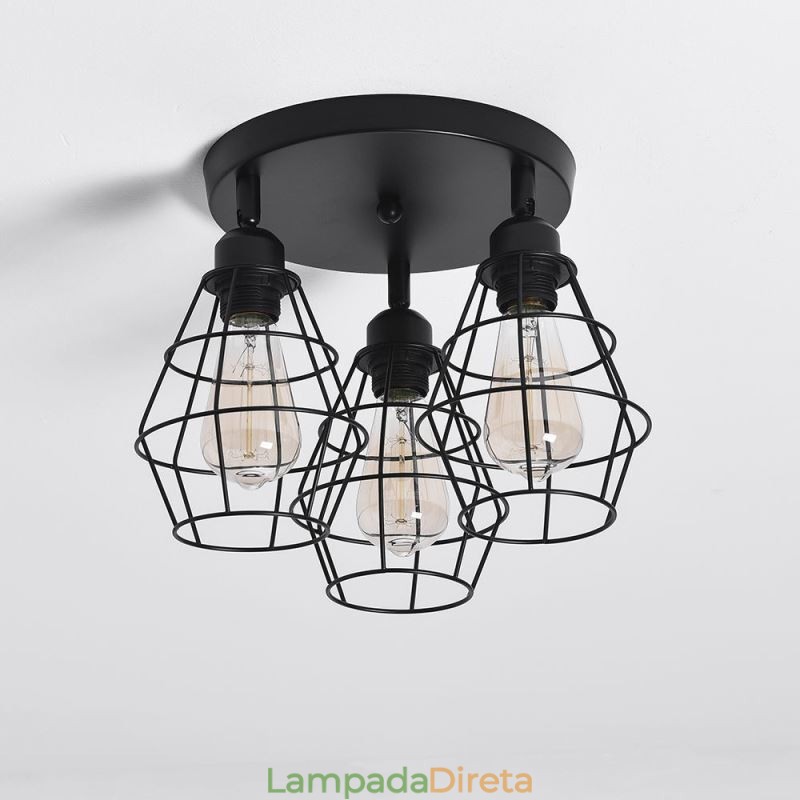 Luminária de teto industrial embutida 3 lâmpadas de teto de gaiola de metal
